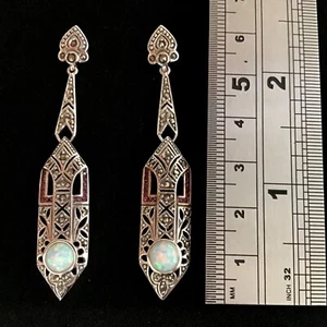 Sterling silver Art Deco Style Geometric Ruby Fire Opal Long Dangle Earrings 6cm - Picture 1 of 7