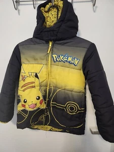 Pokemon Pikachu Kid's Hooded Puffer Winter Coat Full Zip up Coat Size 7/8 - Picture 1 of 5