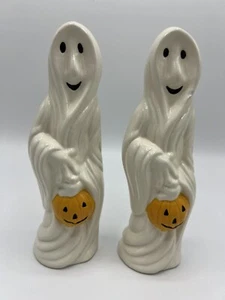 Vintage Pair of Ceramic Hobbyist Ghost Holding Pumpkin Jack-O-Lantern Figurines - Picture 1 of 10