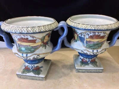 Par de ollas de porcelana azul y amarillo/jarrón con pedestal con patas Foto 1 de 4