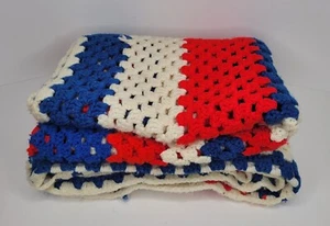 Handmade Crochet Afghan Tapestry Blanket, Red, White, & Blue 54"x41" - Picture 1 of 10