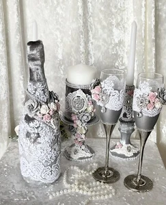 Wedding Champagne Toasting Set Flute  Ribbon/Pearls/Rhinestones/ Victorian Style - Picture 1 of 4