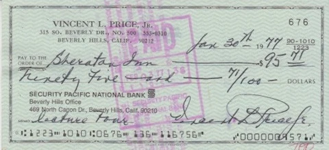 VINCENT PRICE signed bank check Cover