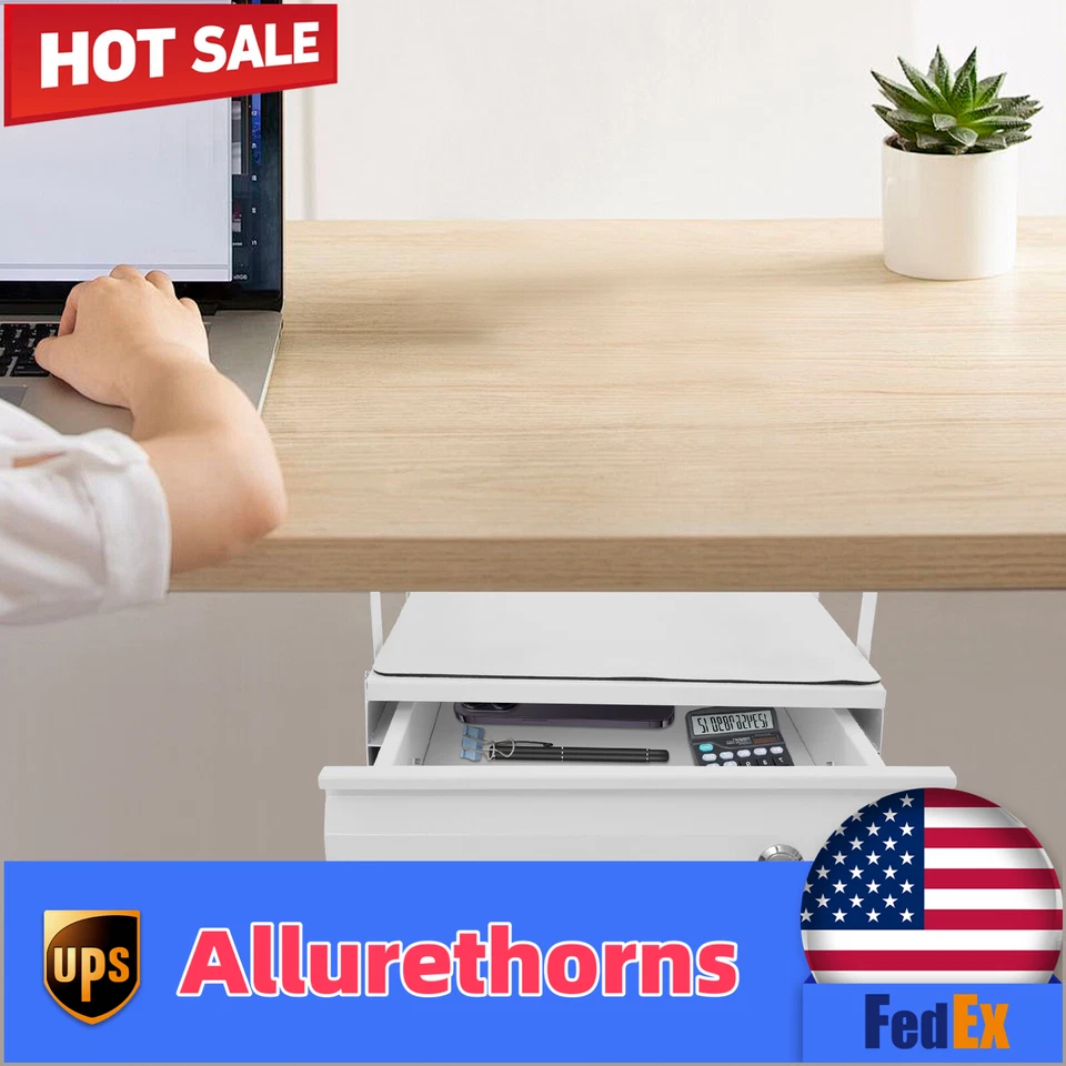 Выдвижной выдвижной ящик под стол запираемый выдвижной ящик для хранения белый с замком 13 дюймов - Изображение 1 из 4