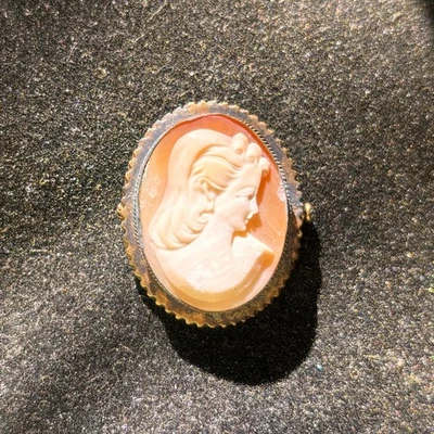 CAMEO brooch antique pink white trombone clasp brass frame heavy verdigris - Image 1 of 4