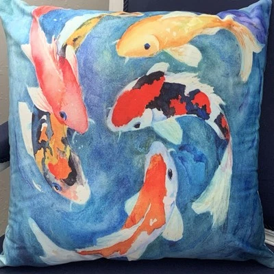 Koi Fish Decorative Pillow 16”x16” Velvet Microfiber Double Sided Zen Watercolor - Image 1 of 4
