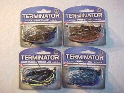 4 NEW Terminator Pro Jigs Weedless Skirted Bass 3/8 OZ Fishing HOOK SWIM flippin - Image 1 of 4