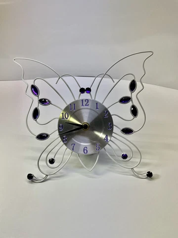 Vintage 70's Butterfly 9" x 9" Battery Clock - White Metal Wire w/Purple Numbers Cover