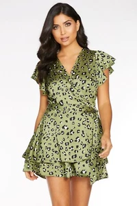Quiz Green Satin Leopard Print Playsuit Size 6 Party Holiday Brand New With Tags - Picture 1 of 12