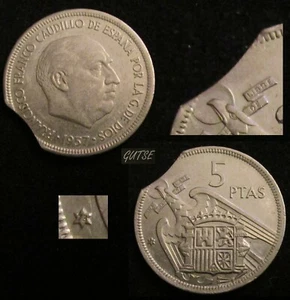 *GUTSE* FRANCO-1452, 5 PESETAS 1957*73, ERROR (8a), SEGMENTADA CURVA. - Imagen 1 de 1