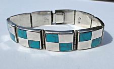 Vintage Silver 925 & Inlaid Turquoise Hinged Bracelet - Mexico - 4 Eagle Mark