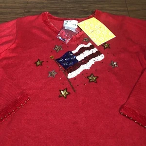 NWT Quacker Factory Knit Sweater Sz Small USA Flag Sequins Beads Patriotic 4th - Picture 1 of 13