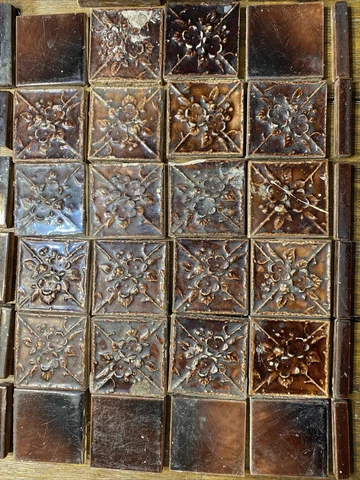 38pc Antique Fireplace Tile Lot USET Co Brown Flowers Floral Salvage Art Nouveau Cover