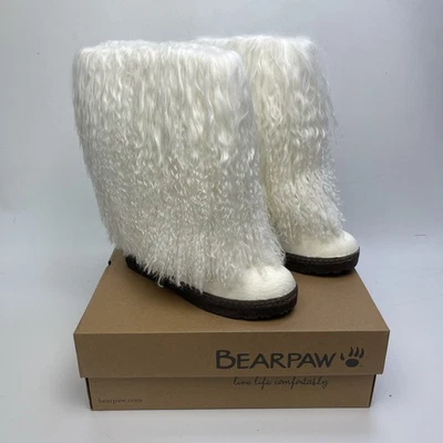 NEW BEARPAW Canada Boetis II Pearl White Mongolian Sheepskin Fur Boots Sz 8 US - Image 1 of 4