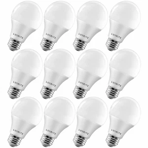 Luxrite A19 LED Bulbs 60W Equivalent Enclosed Fixture Rated 2700K E26 12-Pack - Picture 1 of 8