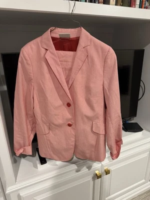 Traje Pantalón Akris Punto Rosa/Rojo y Blanco Rayas/Aspecto Seersucker Talla 8 Foto 1 de 4