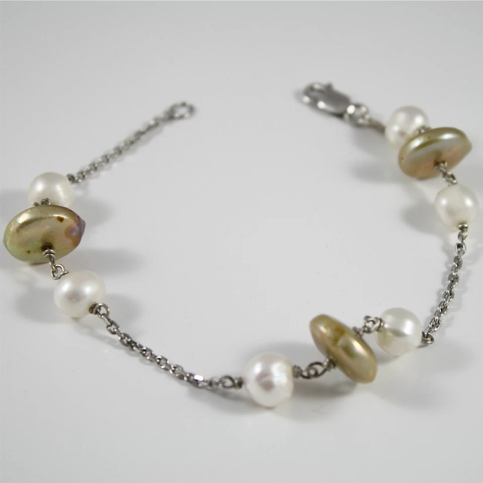 Silber Armband 925 Rhodium mit Perlen Und Scheiben Aus Perlmutt Gelb - Bild 1 von 1