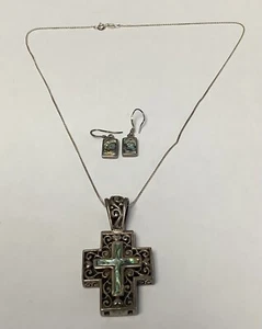 Silver Pierce Work Pendant Cross Shell Inset with Matching Earrings and 925 - Picture 1 of 11