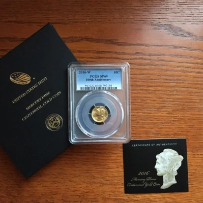 Moneda de diez centavos de oro Mercury Centennial 2016 1/10 OZ GRADUACIÓN PROFESIONAL SP69 Foto 1 de 2
