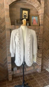 Gianni Valenti Vintage Beige Pink Angora Lambs Wool Embellished Cardigan S - Picture 1 of 5