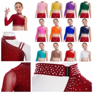 Kids Girls Blouse One Shoulder Crop Tops Figure Skating Tank Top Latin T-shirt - Picture 1 of 114