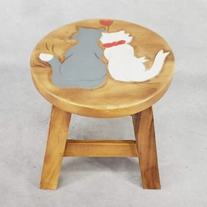 Couple Cat's Love Hand Carved Short Stool Acacia Hardwood Decorative Kids Stool - Picture 1 of 10