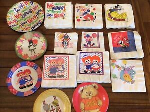 Lot de serviettes en papier joyeux anniversaire années 1970 clowns Mickey Mouse Raggedy Ann vintage