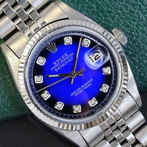 Rolex Mens Datejust Stainless Steel Blue Diamond Dial Fluted Bezel Watch w/ Box - Picture 1 of 24