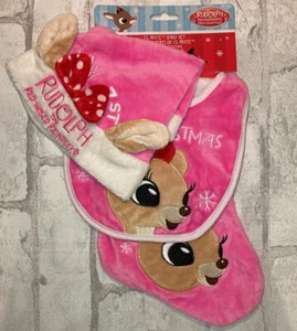 RUDOLPH REINDEER CLARICE MY FIRST CHRISTMAS STOCKING HAT BIB SET PINK NEW SOFT - Picture 1 of 5
