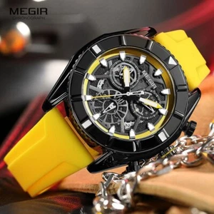 Military Men's Sport Watch Chronograph Quartz Wristwatch Yellow Silicone Strap - Picture 1 of 15