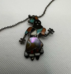 Vintage Kachina Tänzerin Brosche Sterling Silber Pin Inlay Onyx Türkis MOP Cora - Bild 1 von 4