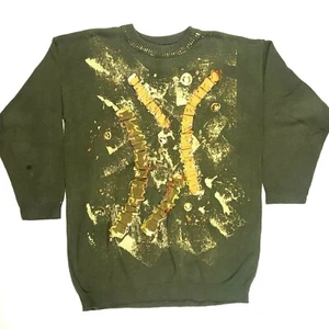 VINTAGE 80s Mixed Media Novelty Black Colorful Green SWEATER Large/XL? - Picture 1 of 7