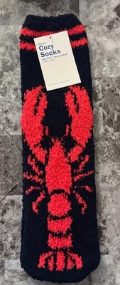 NUEVO CON ETIQUETAS CALCETINES ACOGEDORES BORROSOS SUAVES AZUL MARINO TALLA ÚNICA O/S AZUL MARINO ROJO LANGOSTA RAYAS Foto 1 de 4