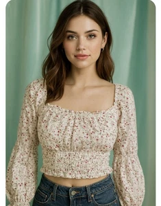 Paper Crane Women’s Med Peasant Top White Pink Floral Smocked Waist Cottagecore - Picture 1 of 12
