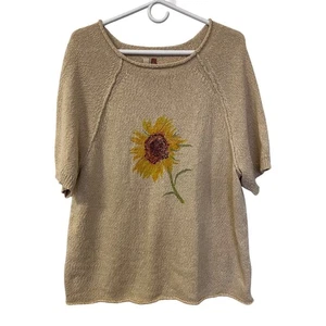 Anthropologie Pilcro Sunflower Graphic Knit Short Sleeve Sweater Size XL Beige - Picture 1 of 10