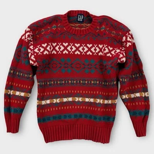 Gap Grandpa Sweater Medium Knit Y2K Red Jacket Ribbed Crew Neck Heavy Christmas - Picture 1 of 7