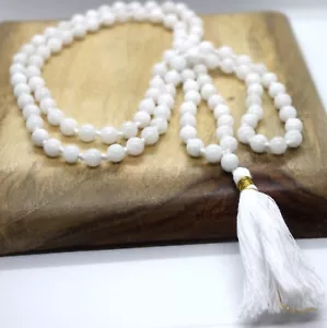 White Quartz Gemstone mala Necklace 108 Beads Buddhism Hindu Japa 108 Mala beads - Foto 1 di 12
