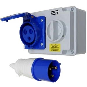 32A Interlock Socket and Plug 32 Amp 3 Pin 240v Blue IP44 Caravan Park Workshop - Picture 1 of 24