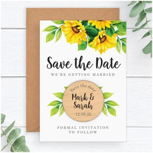 PERSONALISED Yellow Sunflower Wedding Save The Date Cards Magnets Spring Summer - Picture 1 of 6