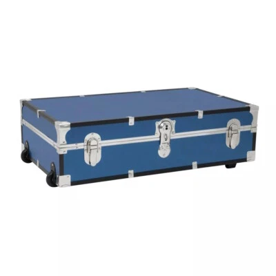 Blue Under the Bed Footlocker Storage Trunk Wheels Rolling Wooden Luggage Lock - Image 1 of 4