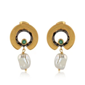 Fresh Water Pearl Double Tone Drop Earring Onyx Fashion Brass Earrings Jewelry - Picture 1 of 4