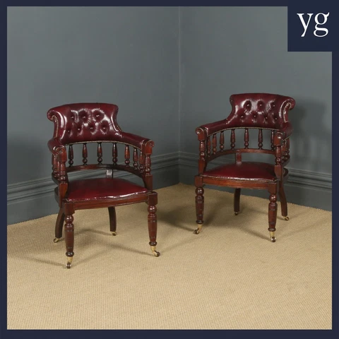 Antique English Pair of Victorian Mahogany & Red Leather Office  Chairs (c 1880) Cover
