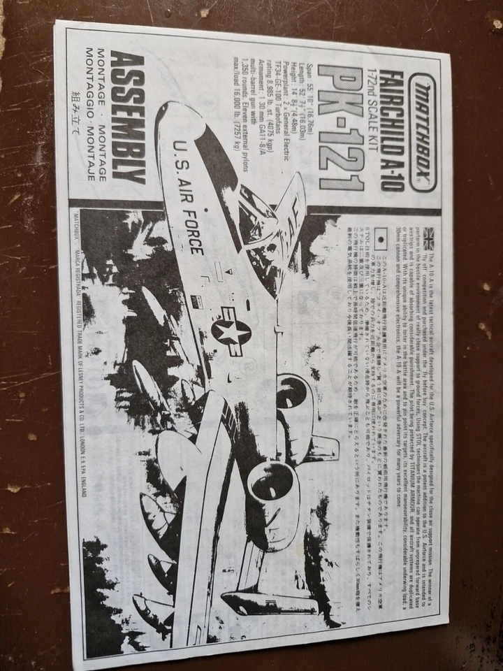 Instructions sheet for 1/72 Matchbox Fairchild A-10 THUNDERBOLT  - Image 1 of 1