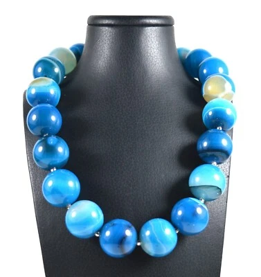 Collana in Agata Blu, Intercalari e Chiusura in Argento 925 Made In Italy - Immagine 1 di 3