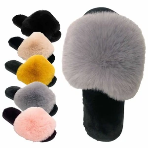 Ladies Fur Furry Flat Slippers Womens Open Toe Fluffy Mules Sliders Shoes Size - Picture 1 of 79