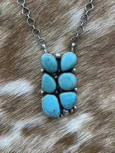 Native American Navajo Handmade Silver Turquoise Cluster Bar Necklace 18 Inch - Picture 1 of 5
