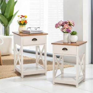 Set of 2 End Table Side Table for Small Spaces Farmhouse Living Room Ivory White - Picture 1 of 9