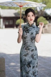 New Luxurious Velvet Chinese China Blue Jacquard Long Dress Cheongsam Qipao - Picture 1 of 5
