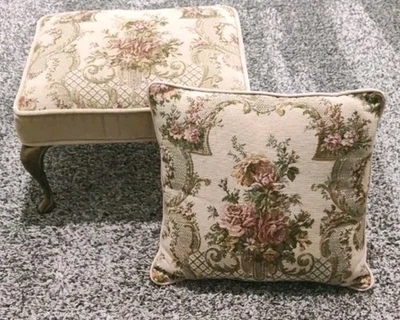 Elegant Tapestry Foot Stool  Brass Legs & Pillow Cottage Core Granny Core Cabin - Image 1 of 4