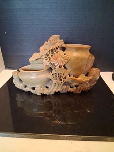 Jarrón antiguo chino elaborado tallado piedra jabonera incisa cepillo maceta flores aves - Imagen 1 de 15